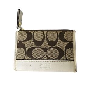 Coach Cream Signature‎ Brown Leather Canvas Card Holder Logo Zippered Classic ~